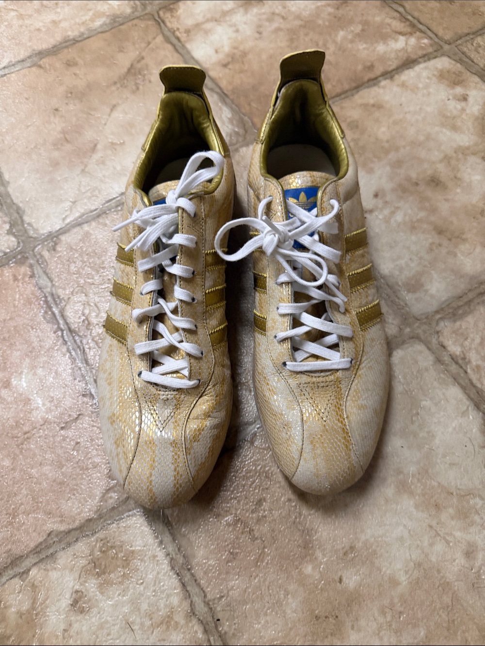adidas White Sneakers with Gold Metallic Stripes